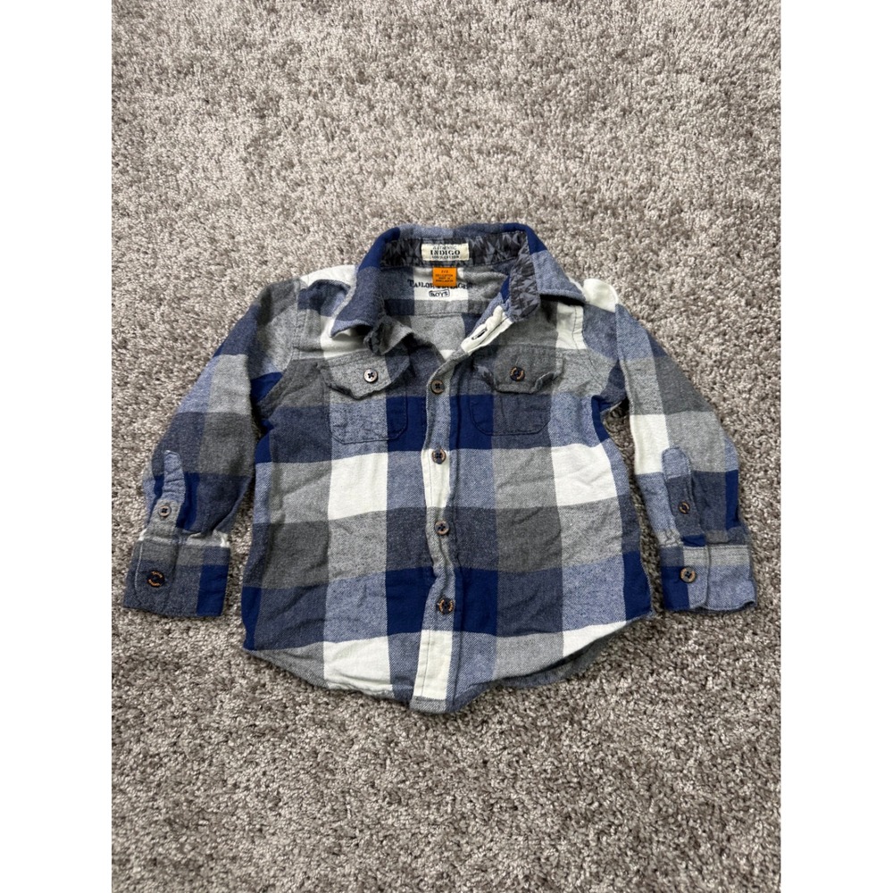 Tailor Vintage Boys Plaid Flannel Shirt Size 2/3 Blue Grey Cotton Button Up